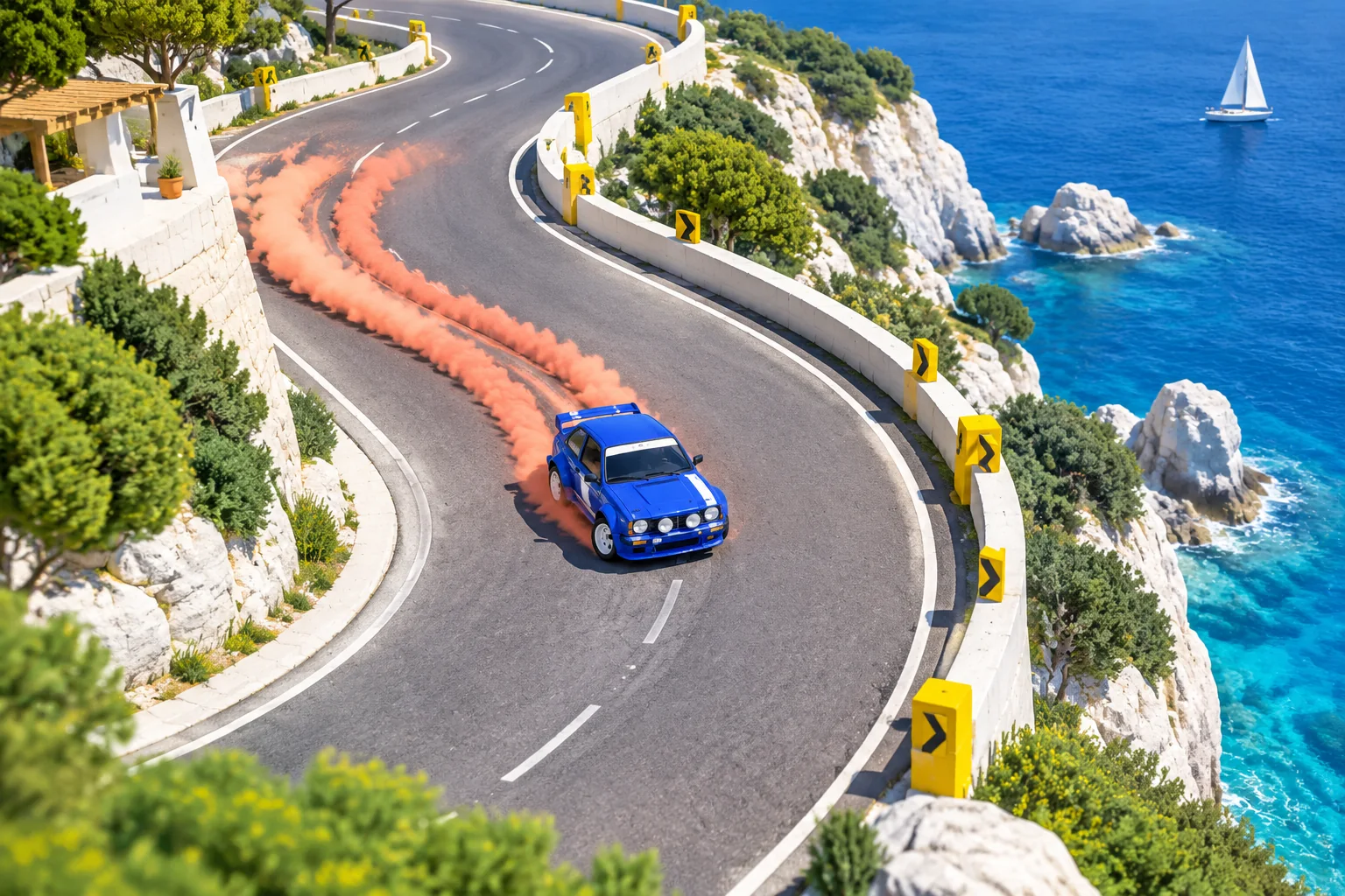 A blue rally car drifting along a bright coastal road