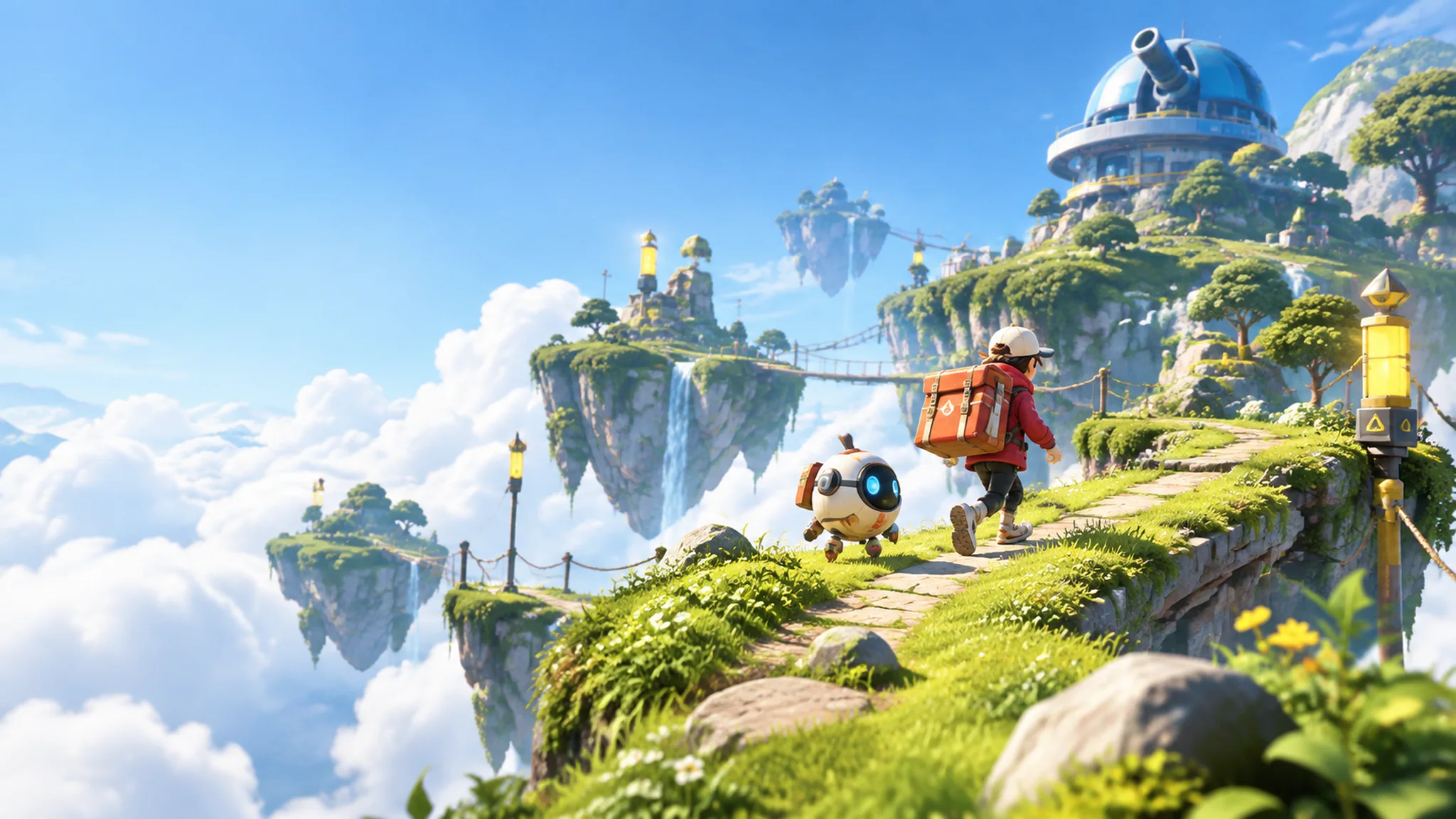 A courier and robot crossing a bright chain of floating islands