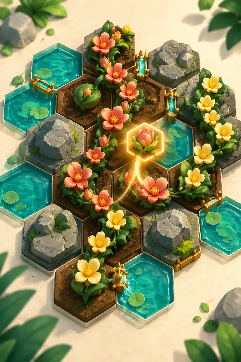 A colorful living garden made from hexagonal puzzle tiles