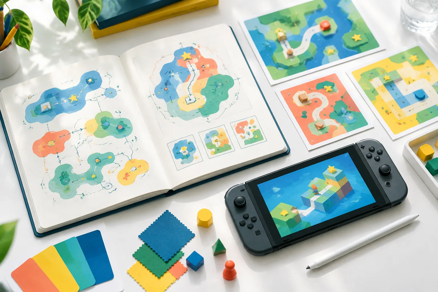 A studio desk with level sketches, game pieces, and a handheld test device